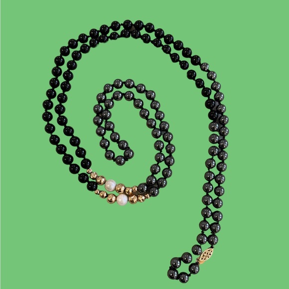 NECKLACE ONYX,14k GOLD, PEARL, HEMATITE LONG 19” long - Picture 3 of 11